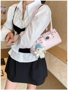 Pink PU leather shoulder bag with rivets and cute bear pendant, stylish women hobo bag