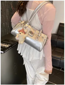Metallic silver shoulder bag, trendy underarm purse with cute bear pendant and metal lock.