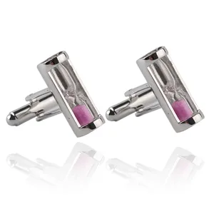 Silver tone hourglass cufflinks with pink sand inside, elegant metal shirt suit accessories.