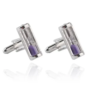Silver hourglass cufflinks with purple sand, perfect for men's wedding dress shirts and suits.