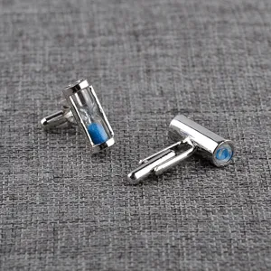 Silver-tone metal hourglass cufflinks with blue sand detail for men's formal shirts and suits.