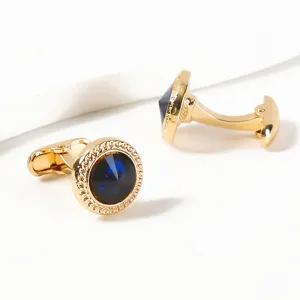 Boutons de manchette ronds dores avec zircon bleu pour homme chemise d'affaires chic.