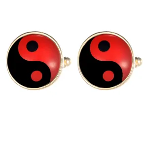 Round red and black yin yang cufflinks for men, classic stainless steel business shirt cuff links.