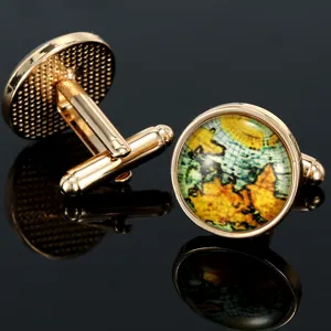Retro world map glass cabochon gold-toned metal cufflinks detail view product display.