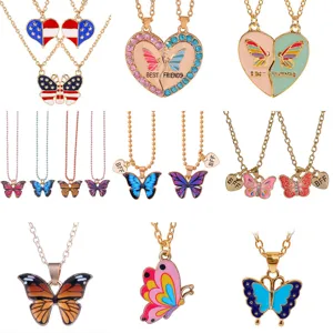 Fashion Bohemian Alloy Colorful Butterfly Pendant Necklace BFF Best Friends Rhinestone Heart Choker Jewelry For Women Gift