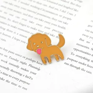Detailed close-up view of a cute cartoon puppy enamel lapel pin, lovely gold plated metal.
