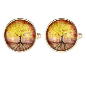 Classic round glass cabochon cufflinks featuring an autumn tree of life pattern for men's shirts.