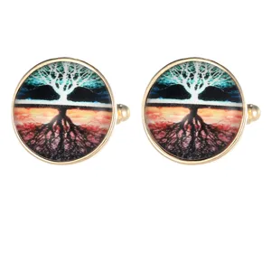 Vintage round glass cabochon cufflinks featuring tree of life design for men formal wear.