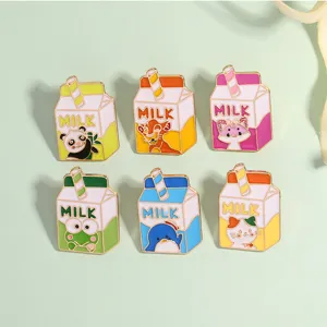 Cute cartoon milk box enamel pins set featuring adorable animal characters, stylish metal brooches.