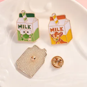 Cute cartoon milk carton enamel pins set featuring fun animal designs for denim jackets.