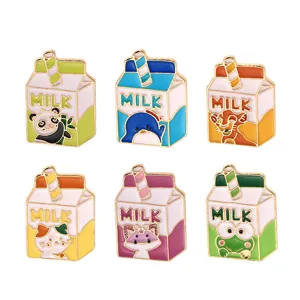 Cute milk carton enamel pins set featuring cartoon animal metal badges for denim jackets.