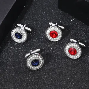 Boutons de manchette ronds classiques en strass avec cristaux bleus et rouges pour hommes.