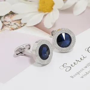 Boutons de manchette français argentés en cristal bleu rond classique pour hommes