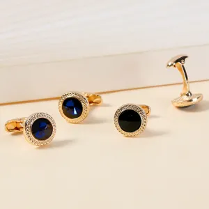 Boutons de manchette ronds plaqués or avec zircone cubique pour hommes, style d'affaires.