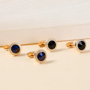 Ensemble de boutons de manchette ronds dorés en zircon, détails chemise homme élégants.