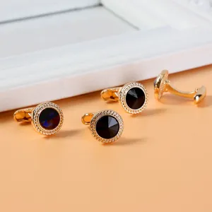 Boutons de manchette ronds dorés pour hommes zircon noir mode chemise d'affaires boutons