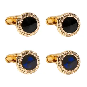 Boutons de manchette ronds dorés avec cristaux noirs et bleus pour chemises d'hommes.