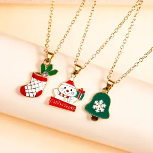 Christmas pendant necklace set featuring cute stocking snowman and bell charms for women and girls.