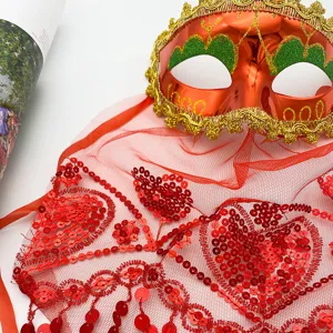 Halloween masquerade mask set with red sequin veil and gold details for party and dance performance.