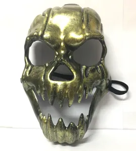 Detailed view of the Halloween horror skull mask in vintage gold, featuring full-face scary teeth design.