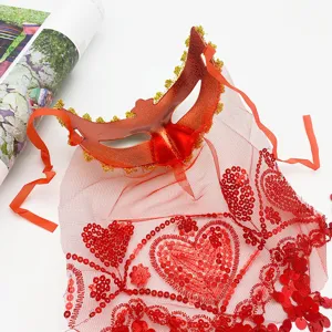 Red masquerade mask with sequin mesh veil, perfect for Halloween, belly dance, and party costumes.