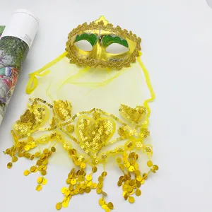 Gold masquerade mask with yellow veil and sequins for Halloween belly dance party