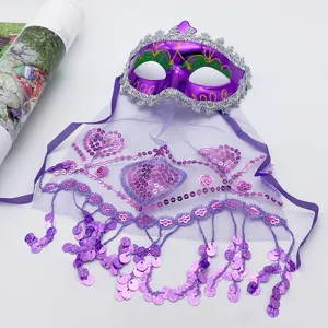 Purple masquerade mask with veil and sequins for Halloween party and belly dance costumes.