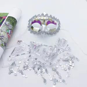 Halloween silver sequin mask with veil, purple glitter heart details for party, festival performance.