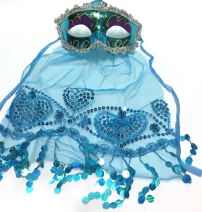 Blue masquerade mask with sheer sequined veil, detailed glitter and hanging charms for party costume.