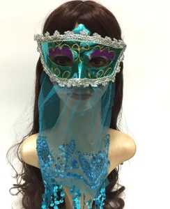 Detailed view of the turquoise masquerade mask with glitter, veil, and sequins for party performance.