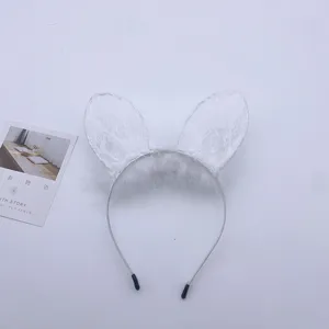Serre-tête oreilles de lapin en dentelle blanche, cerceau de cheveux moelleux pour fête.