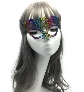Detail view of the colorful metallic lace masquerade mask, showing intricate hollow pattern.