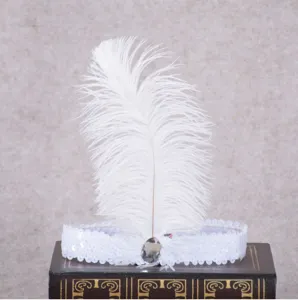 White feather sequin headband detail shot, perfect for Gatsby party, costume, and masquerade events.