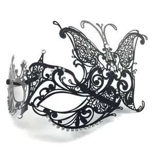 Elegant black metal butterfly masquerade mask with rhinestones for parties and events.