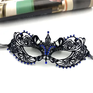 Elegante mascara de encaje negro con diamantes azules, media cara para fiesta de Halloween mujer.