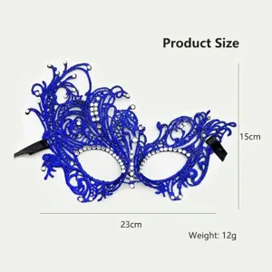 Blue lace masquerade mask with rhinestones, half face party eye mask for women, 23x15cm.