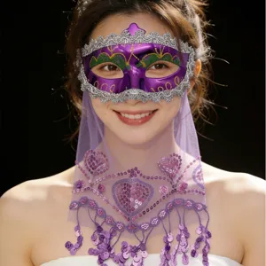Purple masquerade mask with silver lace and sheer sequin veil for Halloween party events.