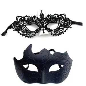 Black lace masquerade mask and glitter half face mask set for Halloween party costume events.