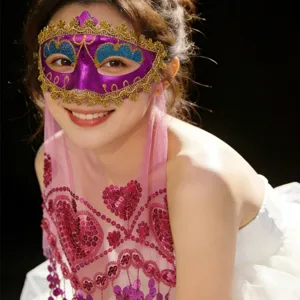 Stunning masquerade mask with pink sequin veil, perfect for Halloween and party events.