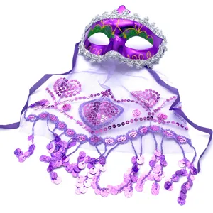Purple masquerade mask with sheer veil, sequins and dangling decorations for party.