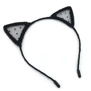Serre-tête oreilles de chat en dentelle noire, accessoire de fête mignon à pois.