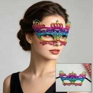 Colorful lace masquerade mask with crown design, perfect for Halloween party cosplay events.
