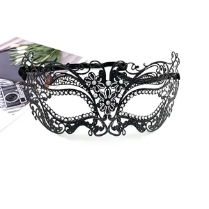 Black metal Venetian masquerade mask with rhinestones, half face eye mask for party costume.