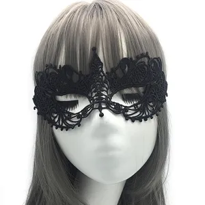 Detailed view of the black lace masquerade mask, showcasing exquisite floral embroidery.