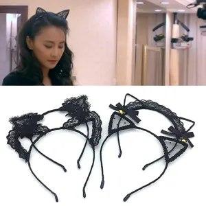 Serre-tête Oreilles de Chat en Dentelle Mignon Pois Nœud Cloche Accessoires de Coiffure de Fête Pour Femmes Filles