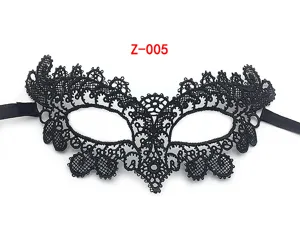 Close-up detail of black lace masquerade mask with delicate hollow patterns and satin ties.