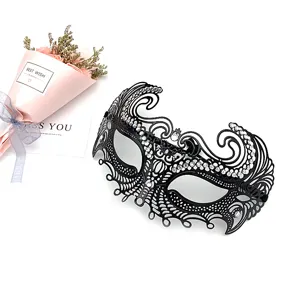Venetian masquerade mask detail, black metal rhinestone half face eye mask for women party.