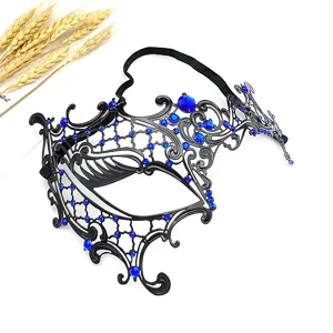 Máscara de metal negro con pedrería azul para fiesta de Halloween y baile de máscaras.