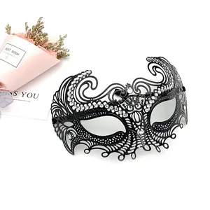 Close-up of black metal filigree rhinestone masquerade half mask detail for party photography.