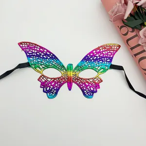 Detail view of a colorful rainbow gradient lace butterfly mask with black straps.